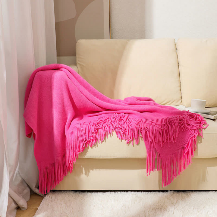 Chunky Knit Throw Blanket With Tassel Edges