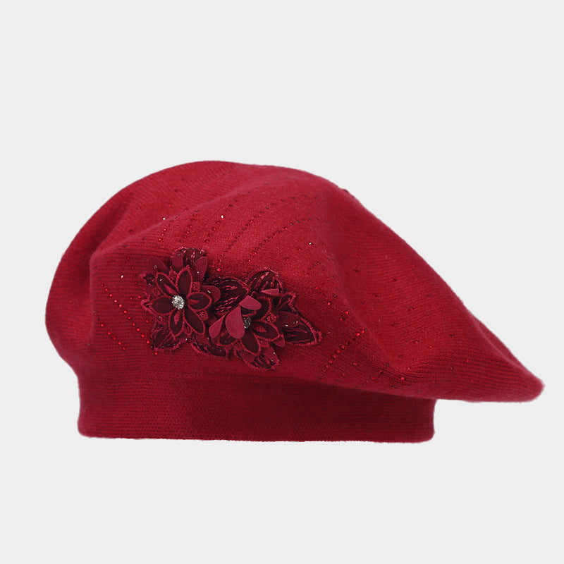 Czerwony beret z kwiatem 3D i kryształkami