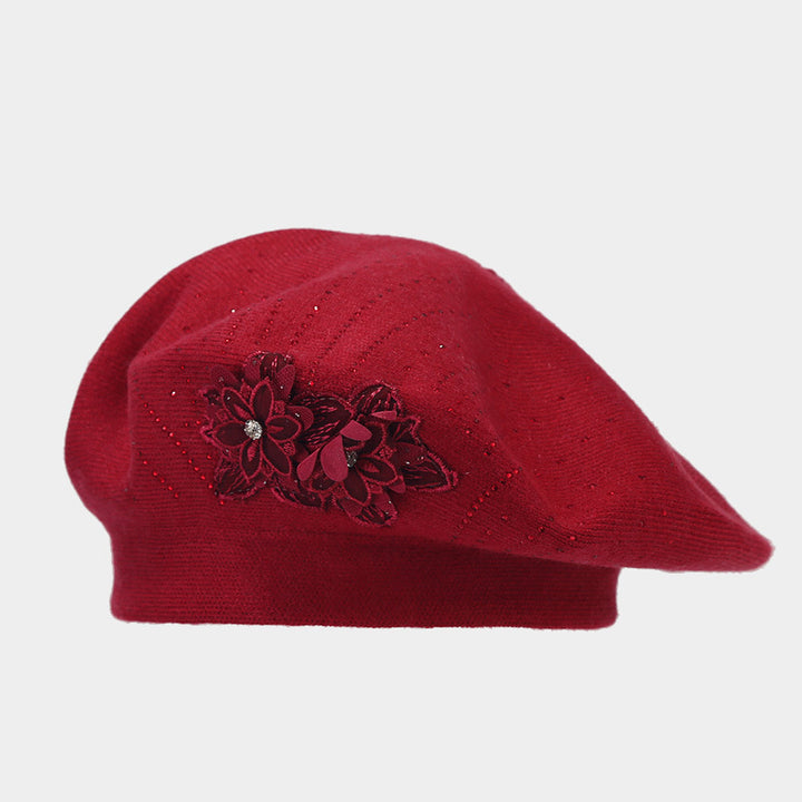 Czerwony beret z kwiatem 3D i kryształkami