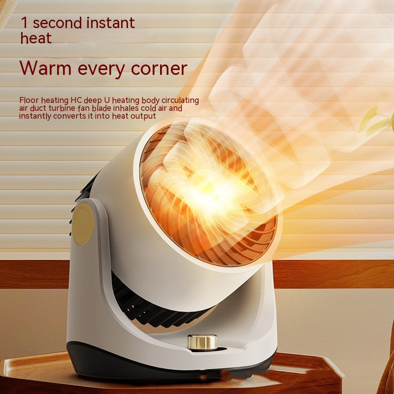 Biały termowentylator z okrągłą uchylną głowicą na biurku