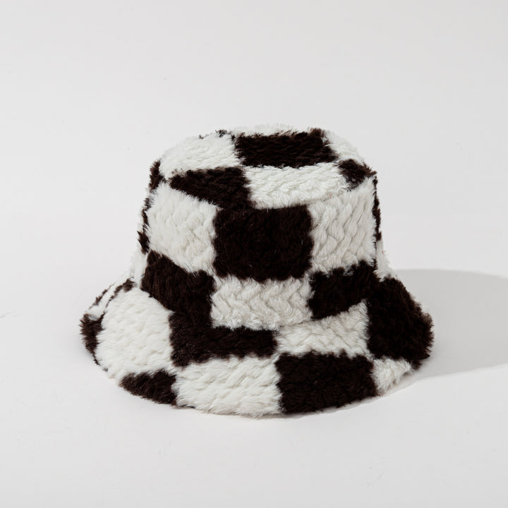 Brązowy pluszowy kapelusz bucket w szachownicę