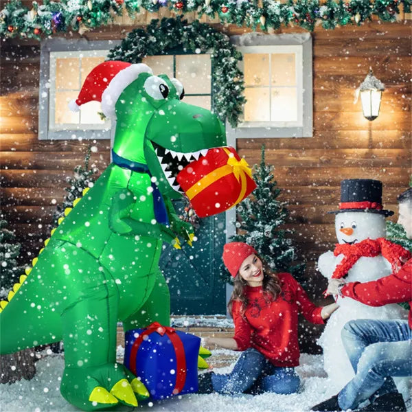 Dmuchany T-rex w czapce Mikołaja z prezentami