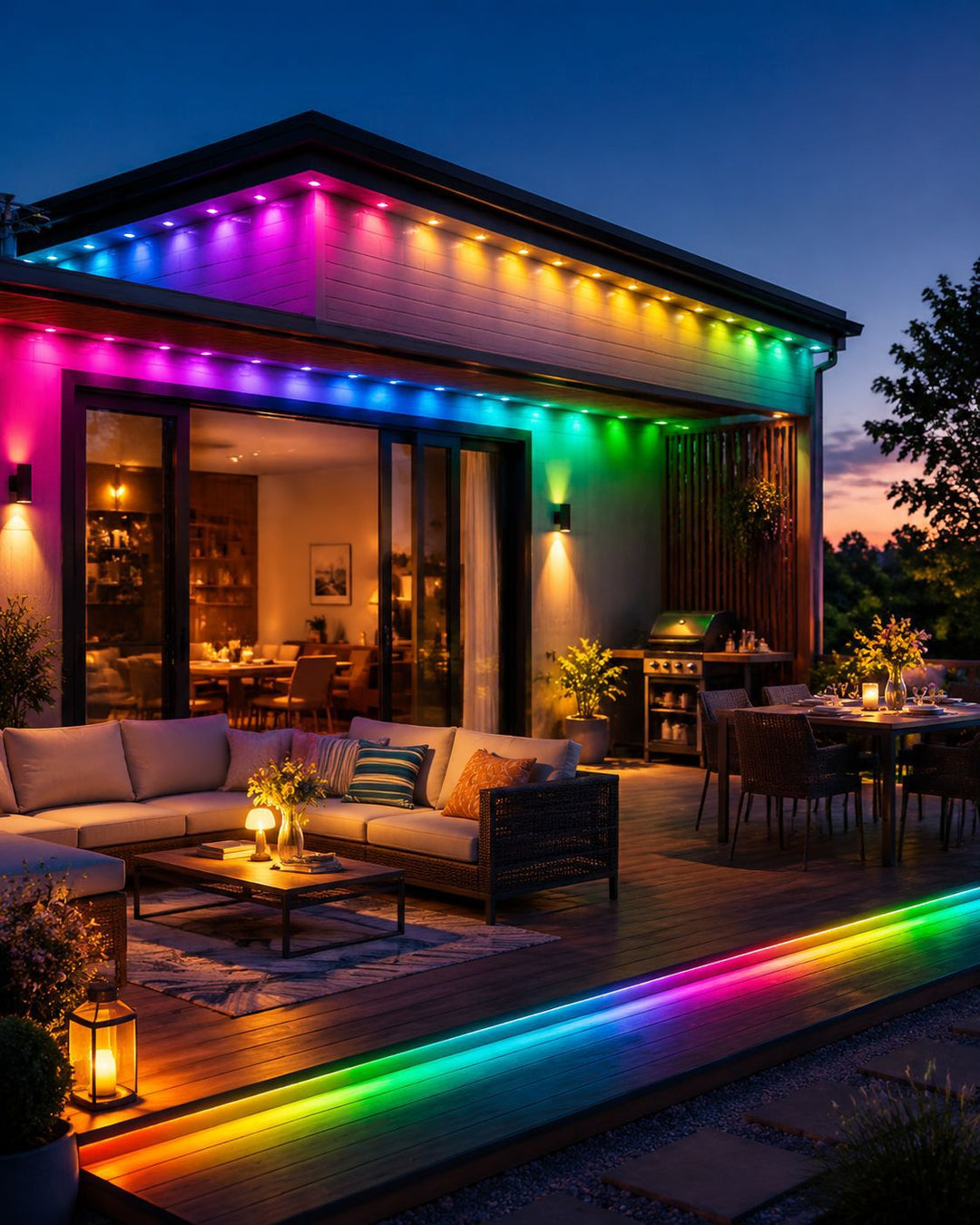 Kolorowe lampki LED pod okapem domu