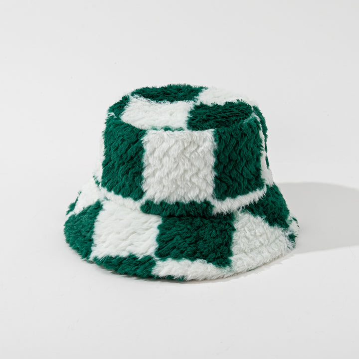 Brązowy pluszowy kapelusz bucket w szachownicę