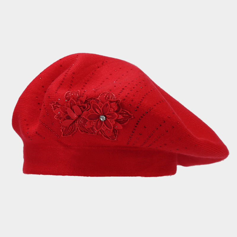 Czerwony beret z kwiatem 3D i kryształkami