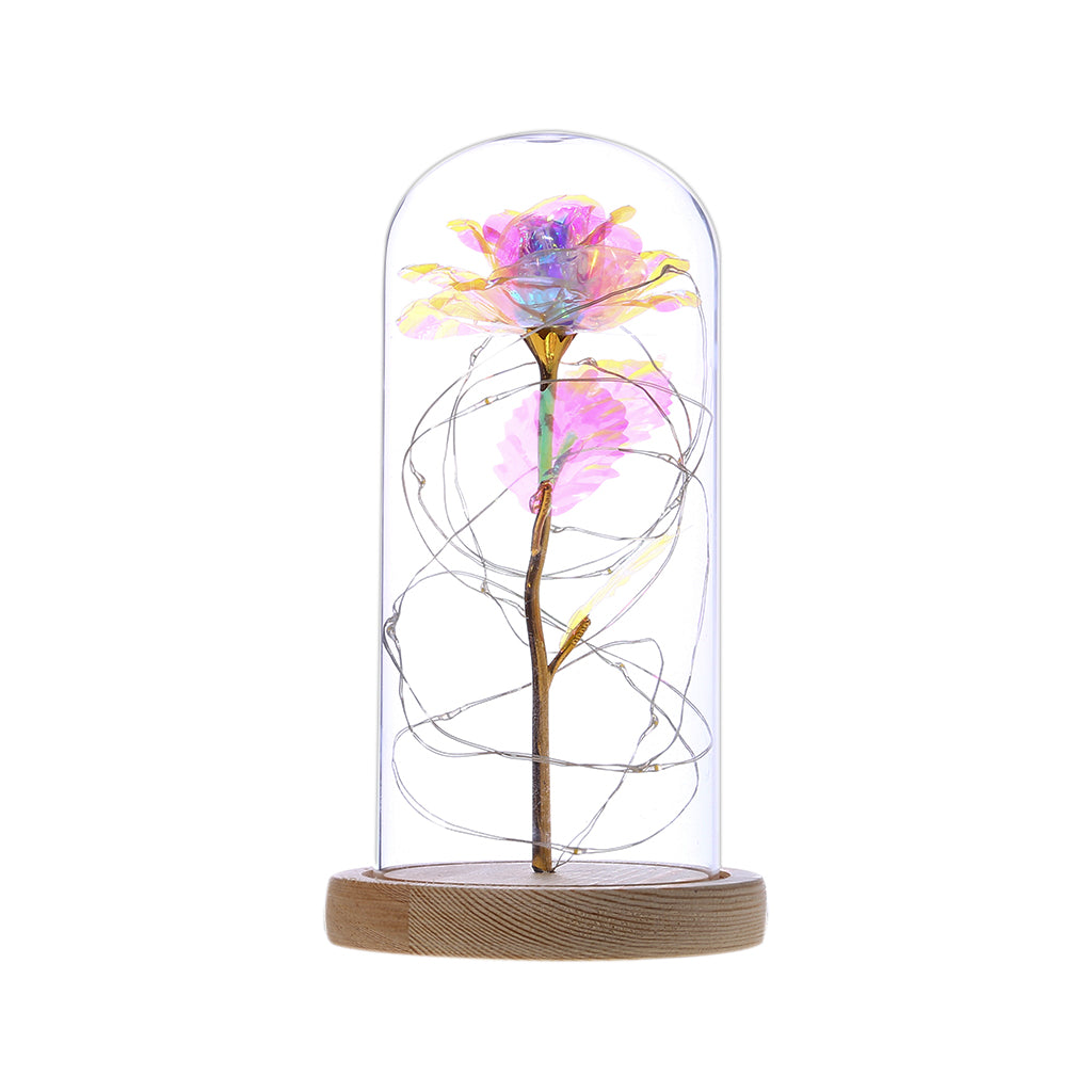 Wieczna róża w szklanej kopule z LED na drewnianej podstawie