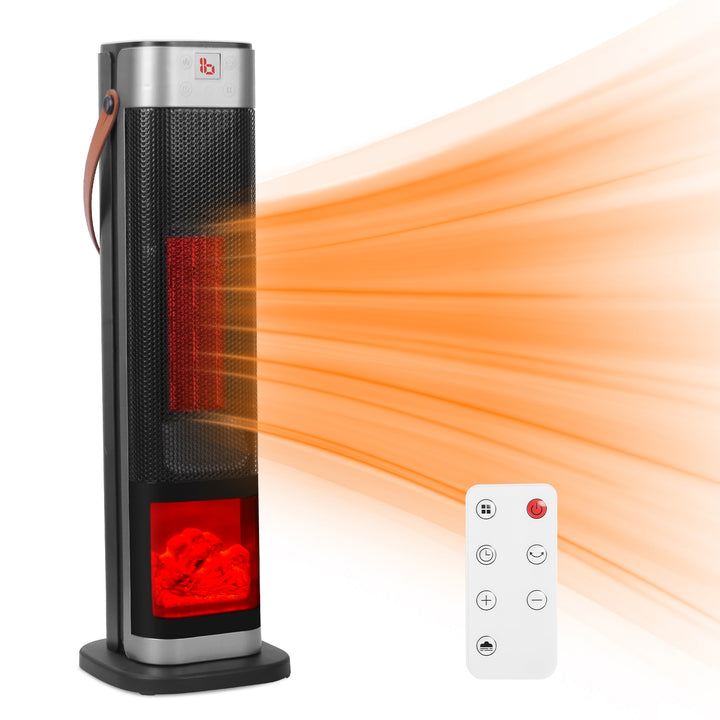 Czarny grzejnik kolumnowy z płomieniem i skórzanym paskiem