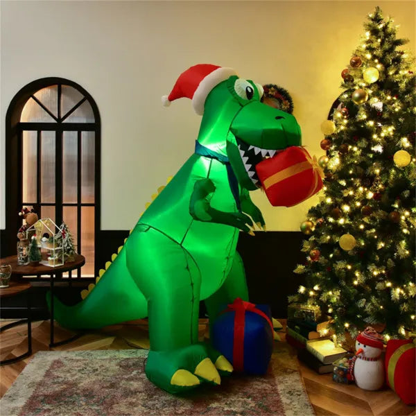 Dmuchany T-rex w czapce Mikołaja z prezentami