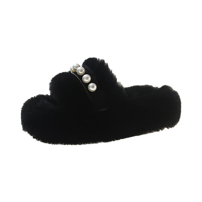 Otulena™ Puszyste kapcie z otwartym przodem i eleganckimi perełkami