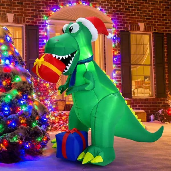 Dmuchany T-rex w czapce Mikołaja z prezentami