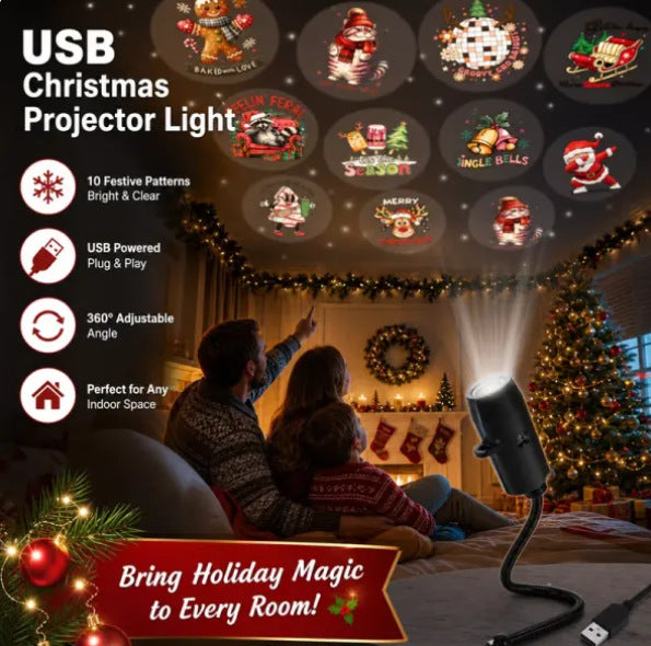 Mały projektor USB rzucający świąteczne wzory na sufit sypialni