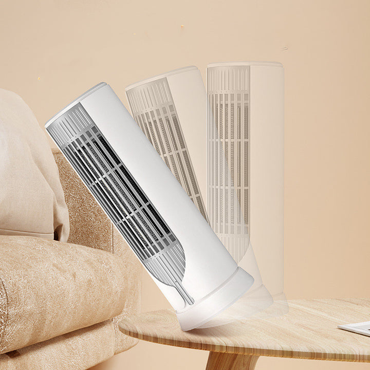 Biały mały termowentylator wieżowy na biurku