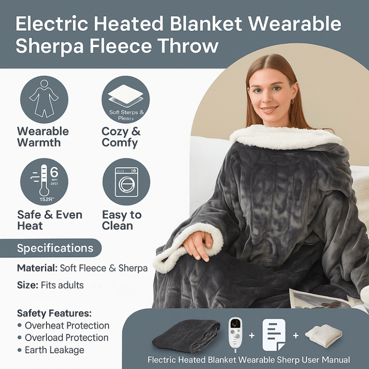 Elektryczny podgrzewany Wearable koc z rękawami i kieszenią na stopy polar sherpa narzuta