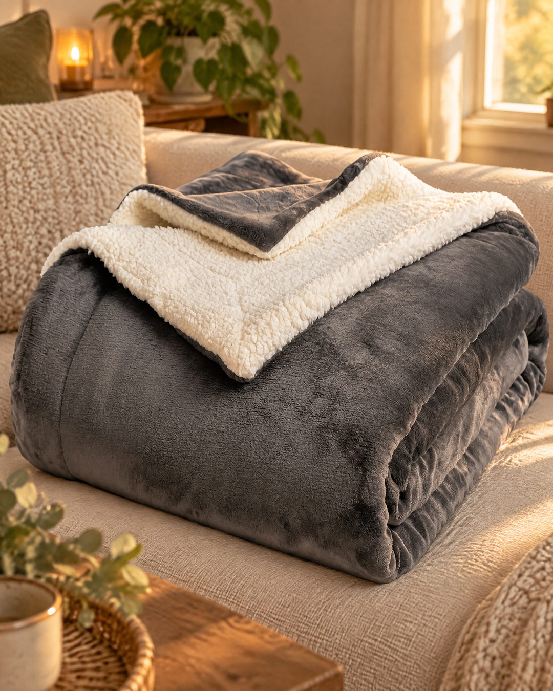 Sherpa Fleece Throw Blanket – Reversible Plush Sherpa Blanket for Couch &amp; Bed, Throw or Twin, Grey, Brown or Pink