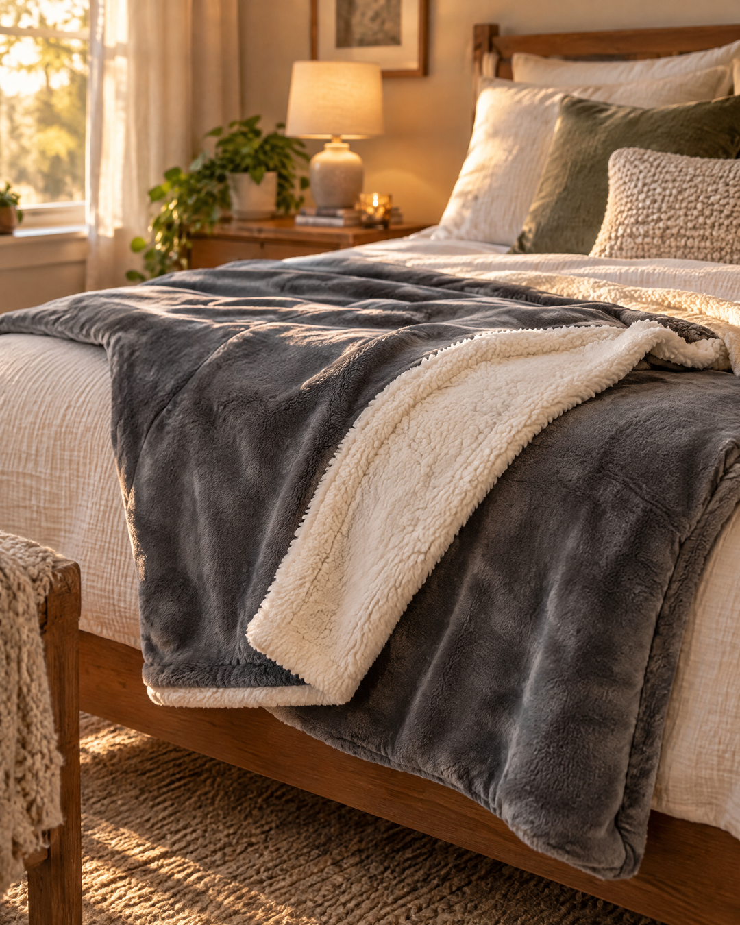 Sherpa Fleece Throw Blanket – Reversible Plush Sherpa Blanket for Couch &amp; Bed, Throw or Twin, Grey, Brown or Pink