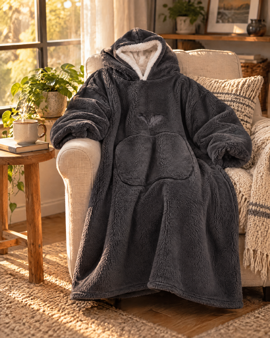 Extra długa bluza-koc z podszewką sherpa i dużą kieszenią