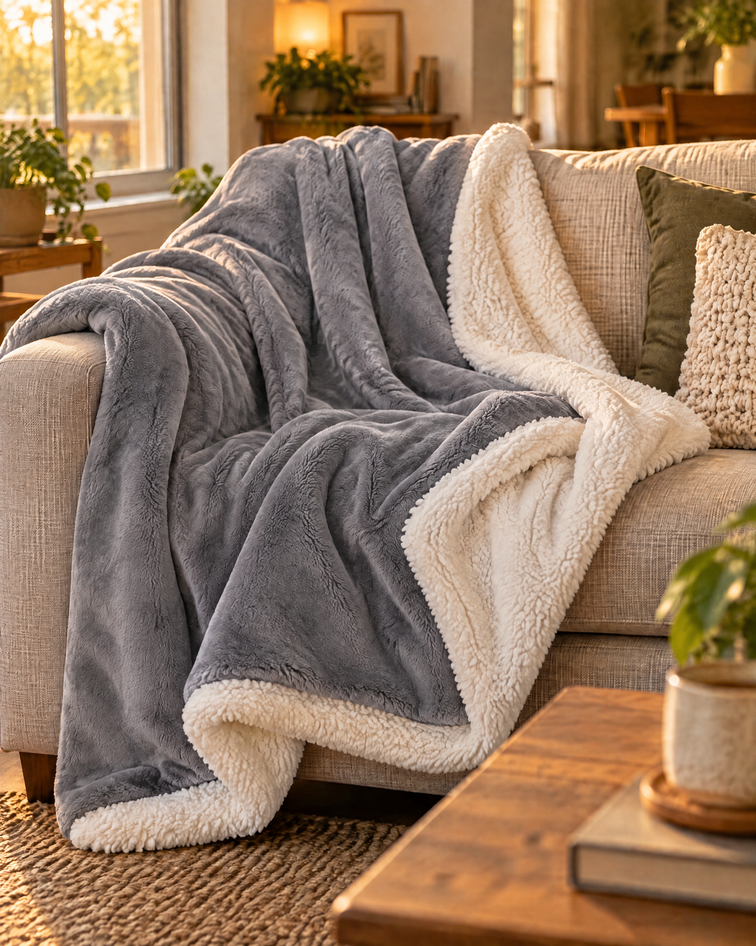 Sherpa Fleece Throw Blanket – Reversible Plush Sherpa Blanket for Couch &amp; Bed, Throw or Twin, Grey, Brown or Pink