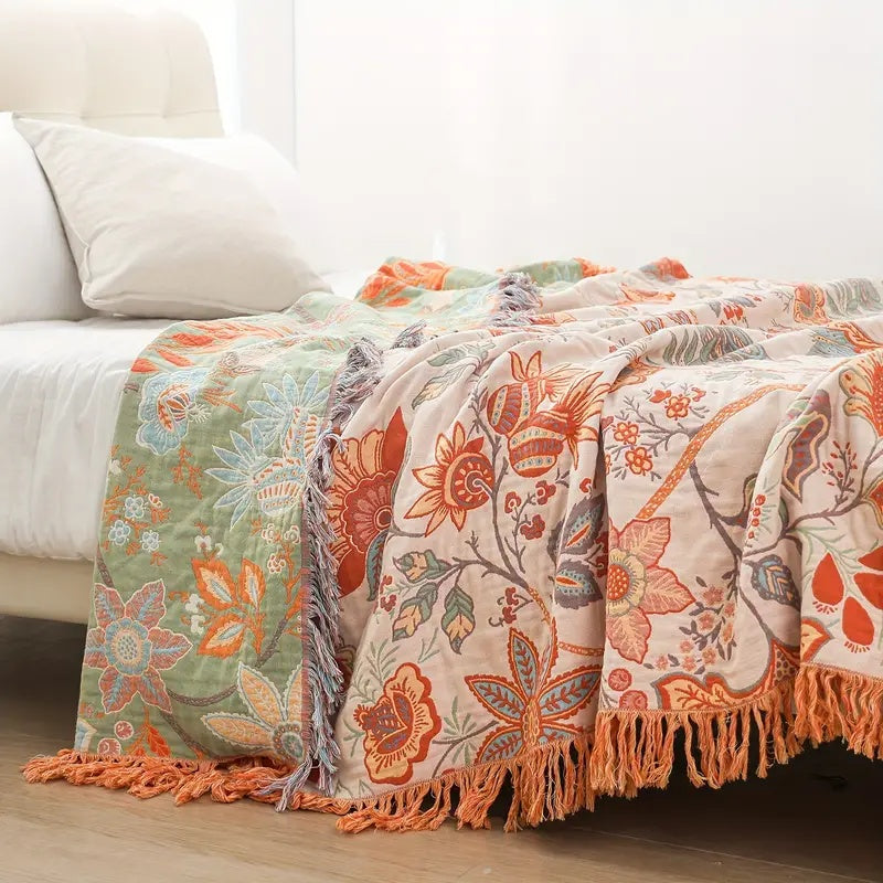 Boho kwiatowy bawełna koc narzutowy z frędzle – Kremowy &amp; pomarańczowy