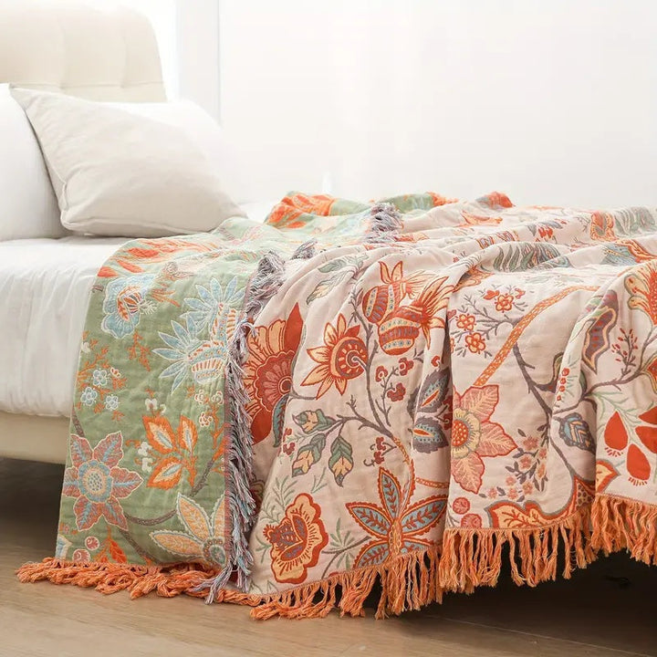 Boho kwiatowy bawełna koc narzutowy z frędzle – Kremowy &amp; pomarańczowy