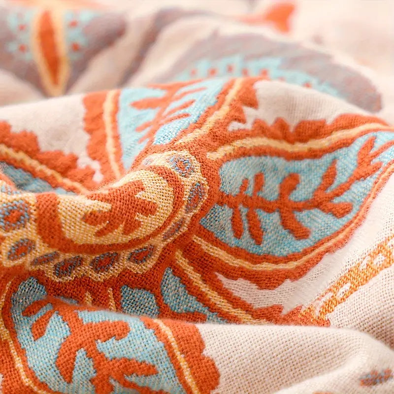 Boho kwiatowy bawełna koc narzutowy z frędzle – Kremowy &amp; pomarańczowy
