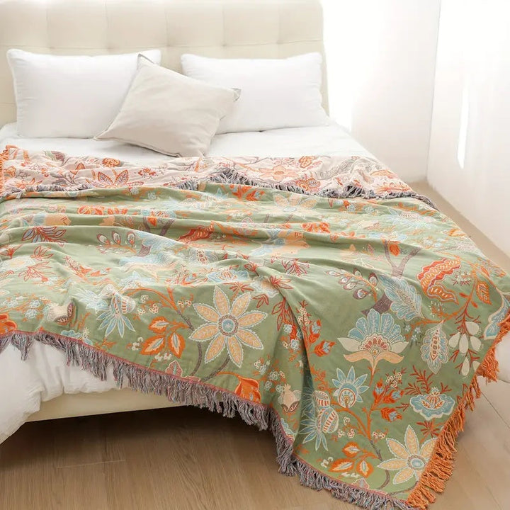 Boho kwiatowy bawełna koc narzutowy z frędzle – Kremowy &amp; pomarańczowy