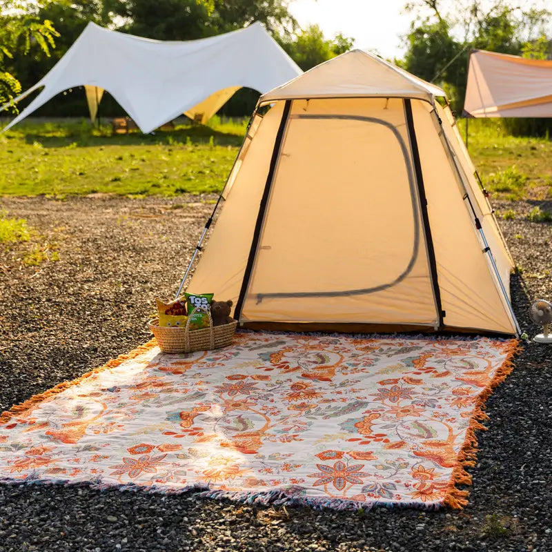 Boho kwiatowy bawełna koc narzutowy z frędzle – Kremowy &amp; pomarańczowy